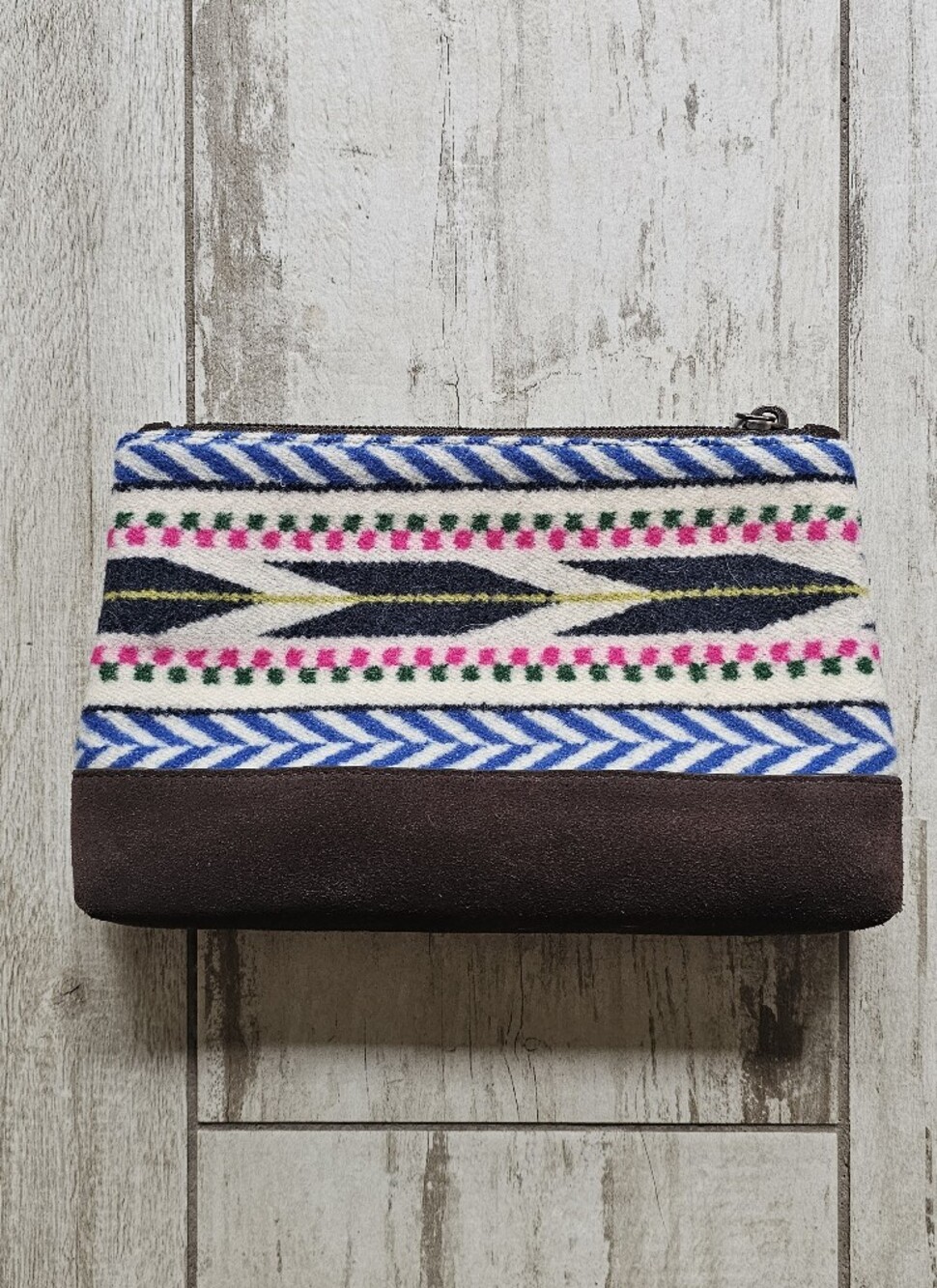 Pendleton Woven Pattern Blue & Brown Zip Pouch - Suede / Wool